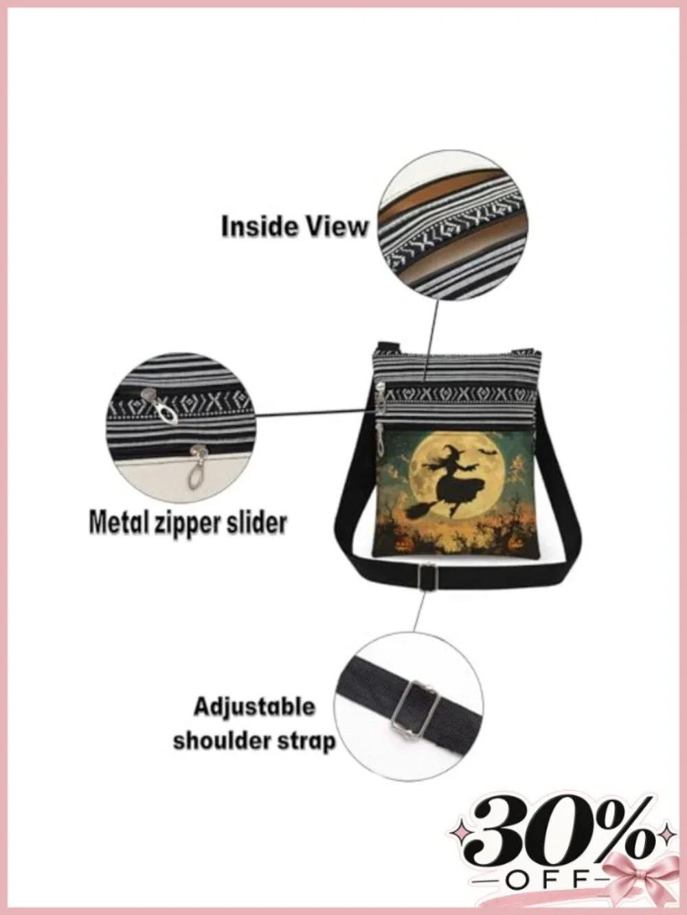 Halloween Witch Crossbody Bag Polyester Adjustable Strap Lightweight Purse